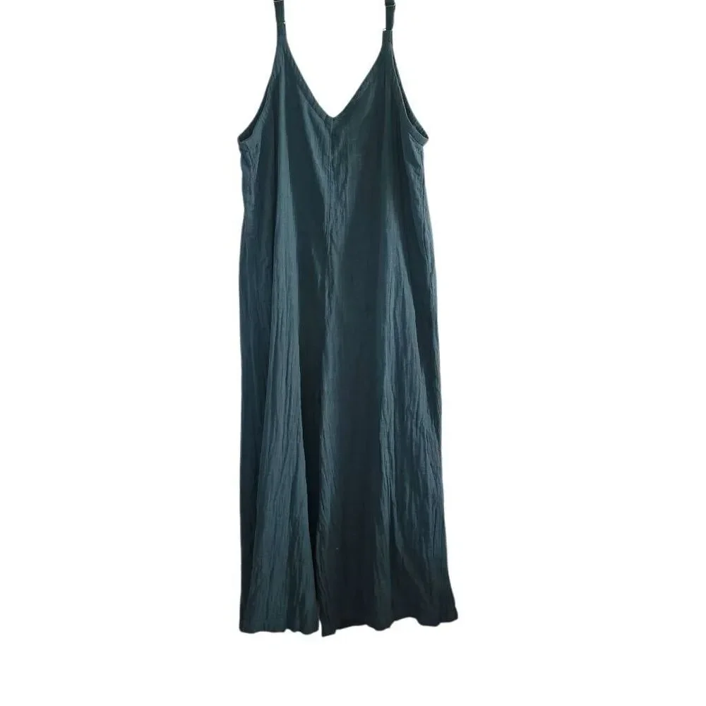 Natural Life Women's Size XL Green Cotton Linen Print V-Neck Wide Leg Jumpsuit